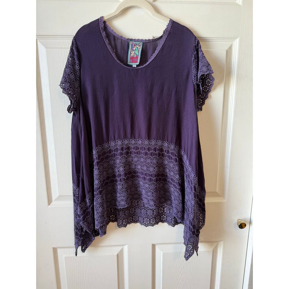 Johnny Was Purple Eyelet Embroidered Tunic Top Womens Medium Bohemian Lagenlook
